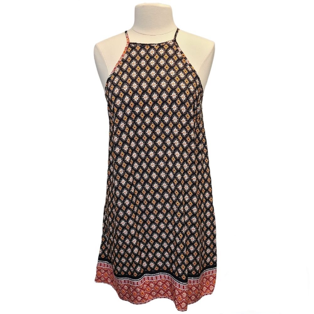 Womens Boho Geometric Halter Summer Mini Dress S